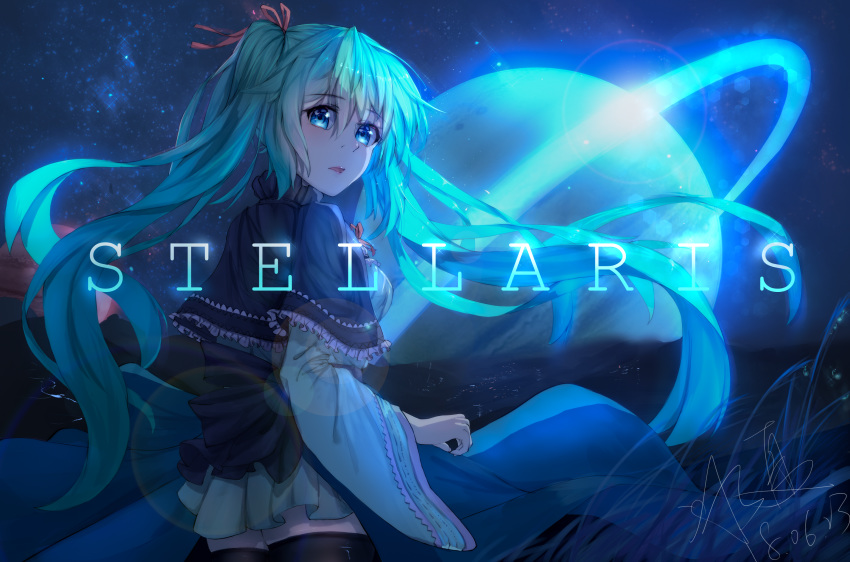 black_capelet black_legwear blue_eyes blue_hair capelet cowboy_shot eyebrows_visible_through_hair floating_hair frilled_capelet frills hair_between_eyes hair_ribbon hatsune_miku highres lens_flare long_hair looking_at_viewer looking_back miniskirt neck_ribbon night open_mouth outdoors pink_ribbon pleated_skirt red_ribbon ribbon skirt sky solo standing star_(sky) starry_sky thighhighs twintails user_cxmk7438 very_long_hair vocaloid wide_sleeves