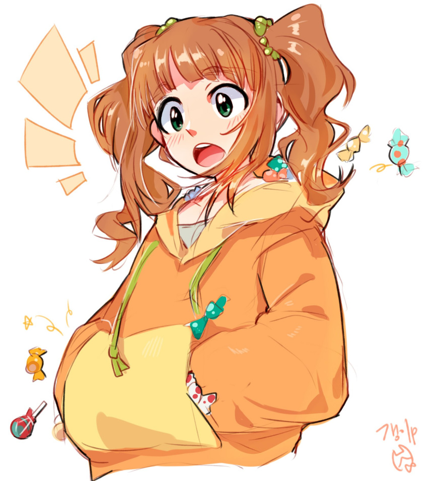 bangs blunt_bangs brown_hair candy commentary_request eyebrows_visible_through_hair food green_eyes hair_ornament hair_scrunchie hands_in_pocket highres hood hood_basket hood_down hoodie idolmaster idolmaster_(classic) long_sleeves notice_lines open_mouth orange_hoodie round_teeth scrunchie signature simple_background sketch solo takatsuki_yayoi teeth tuxedo_de_cat twintails upper_body white_background