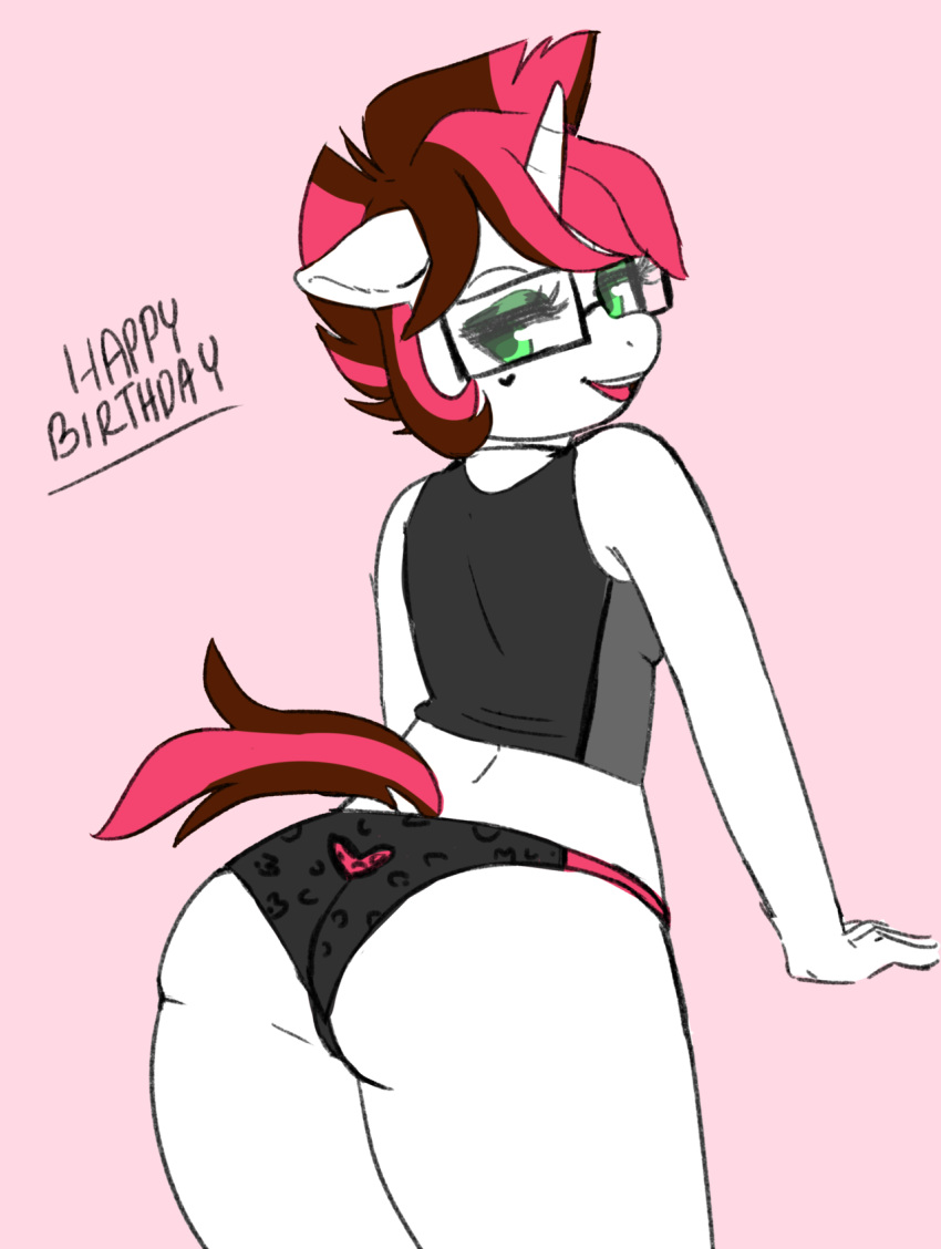 anthro bedroom_eyes butt butt_focus clothed clothing crop_top english_text equine eyewear fan_character female glasses green_eyes hair half-closed_eyes happy_birthday horn leaning leaning_forward looking_back mammal my_little_pony open_mouth panties pince-nez pink_background portrait rainbowsprinklesart rear_view red_hair red_tail seductive shirt simple_background skuttz_(oc) solo square_glasses text three-quarter_portrait underwear unicorn white_skin