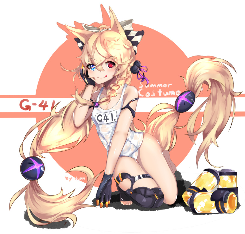 animal_ears bangs blonde_hair breasts closed_mouth eyebrows_visible_through_hair g41_(girls_frontline) girls_frontline hair_between_eyes heterochromia highres long_hair low-tied_long_hair low_twintails mismatched_legwear name_tag red_eyes school_swimsuit simple_background small_breasts summer swimsuit twintails user_egcj3434 very_long_hair white_swimsuit