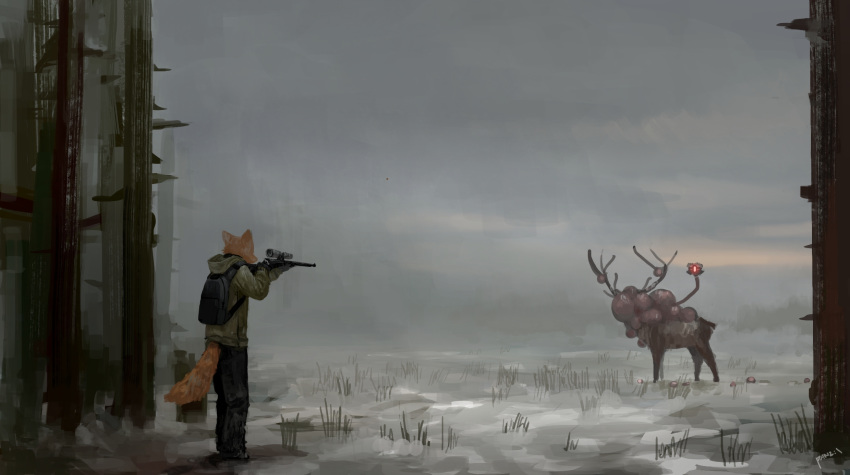 2018 anthro backpack canine cervine clothed clothing duo feral forest fox grass gun holding_object holding_weapon male mammal monster outside panzery25 ranged_weapon rifle signature sniper snow standing tree weapon