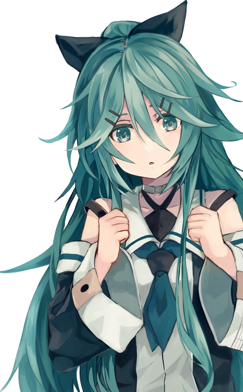 :o absurdres aqua_eyes aqua_hair bangs bare_shoulders black_bow blue_neckwear blush bow buckle clenched_hands collar collarbone commentary_request detached_sleeves green_collar hair_between_eyes hair_bow hair_ornament hairclip halterneck high_ponytail highres kantai_collection long_hair long_sleeves messy_hair natsuyuki neckerchief open_mouth sailor_collar school_uniform serafuku simple_background solo upper_body very_long_hair white_background white_sailor_collar wide_sleeves yamakaze_(kantai_collection)