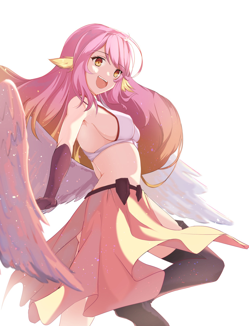 :d absurdres bangs bare_shoulders black_legwear breasts brown_eyes brown_gloves brown_hair commentary_request crop_top elbow_gloves eyebrows_visible_through_hair feathered_wings gloves gradient_hair highres jibril_(no_game_no_life) long_hair low_wings medium_breasts multicolored_hair no_game_no_life open_mouth pink_hair pleated_skirt shirt sideboob simple_background skirt sleeveless sleeveless_shirt smile solo standing standing_on_one_leg taka_(0taka) thighhighs upper_teeth very_long_hair white_background white_shirt white_wings wing_ears wings yellow_skirt