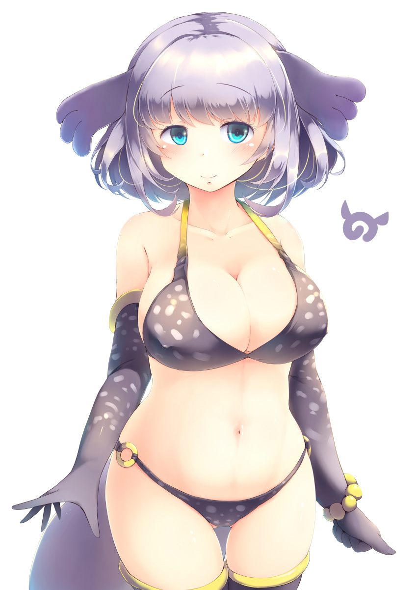 absurdres animal_ears animal_print bikini blue_eyes breasts cleavage collarbone commentary elbow_gloves eyebrows_visible_through_hair gloves grey_hair highres japari_symbol kanzakietc kemono_friends large_breasts looking_at_viewer medium_hair navel o-ring o-ring_bikini seal_tail simple_background smile solo steller's_sea_cow_(kemono_friends) swimsuit tail thigh_gap thighhighs white_background