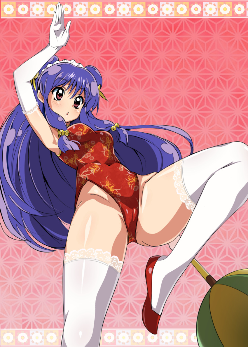 absurdres arm_up armpits bell cameltoe chestnut_mouth chinese_clothes commentary_request double_bun elbow_gloves eyebrows_visible_through_hair gloves hair_bell hair_ornament highres kung_fu lace lace-trimmed_thighhighs leg_up legs leotard long_hair long_legs maid_headdress purple_hair ranma_1/2 red_eyes red_footwear shampoo_(ranma_1/2) solo thighhighs thighs tokiani weapon white_gloves white_legwear