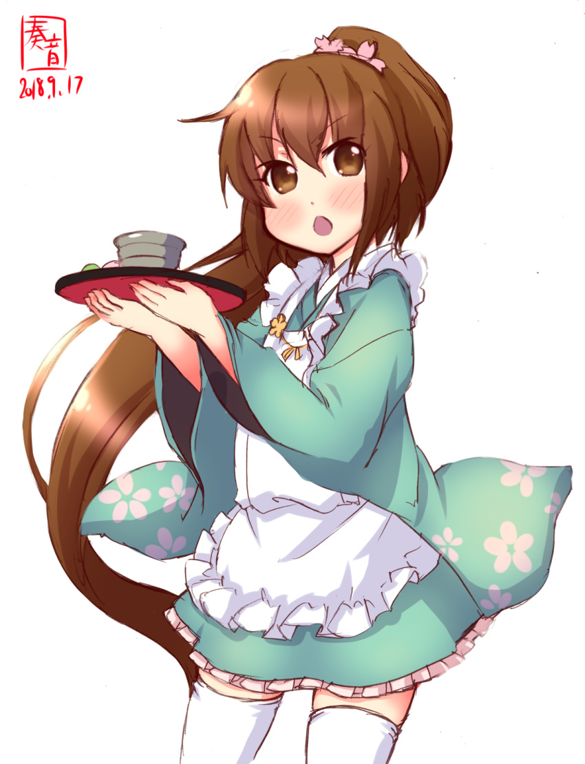 apron artist_logo blue_kimono brown_eyes brown_hair commentary_request cosplay cowboy_shot dated floral_print frilled_apron frills fumizuki_(kantai_collection) highres japanese_clothes kanon_(kurogane_knights) kantai_collection kimono long_hair looking_at_viewer open_mouth oshiro_project oshiro_project_re petals ponytail simple_background solo thighhighs tray wa_maid white_apron white_background white_legwear yoita_(oshiro_project) yoita_(oshiro_project)_(cosplay)