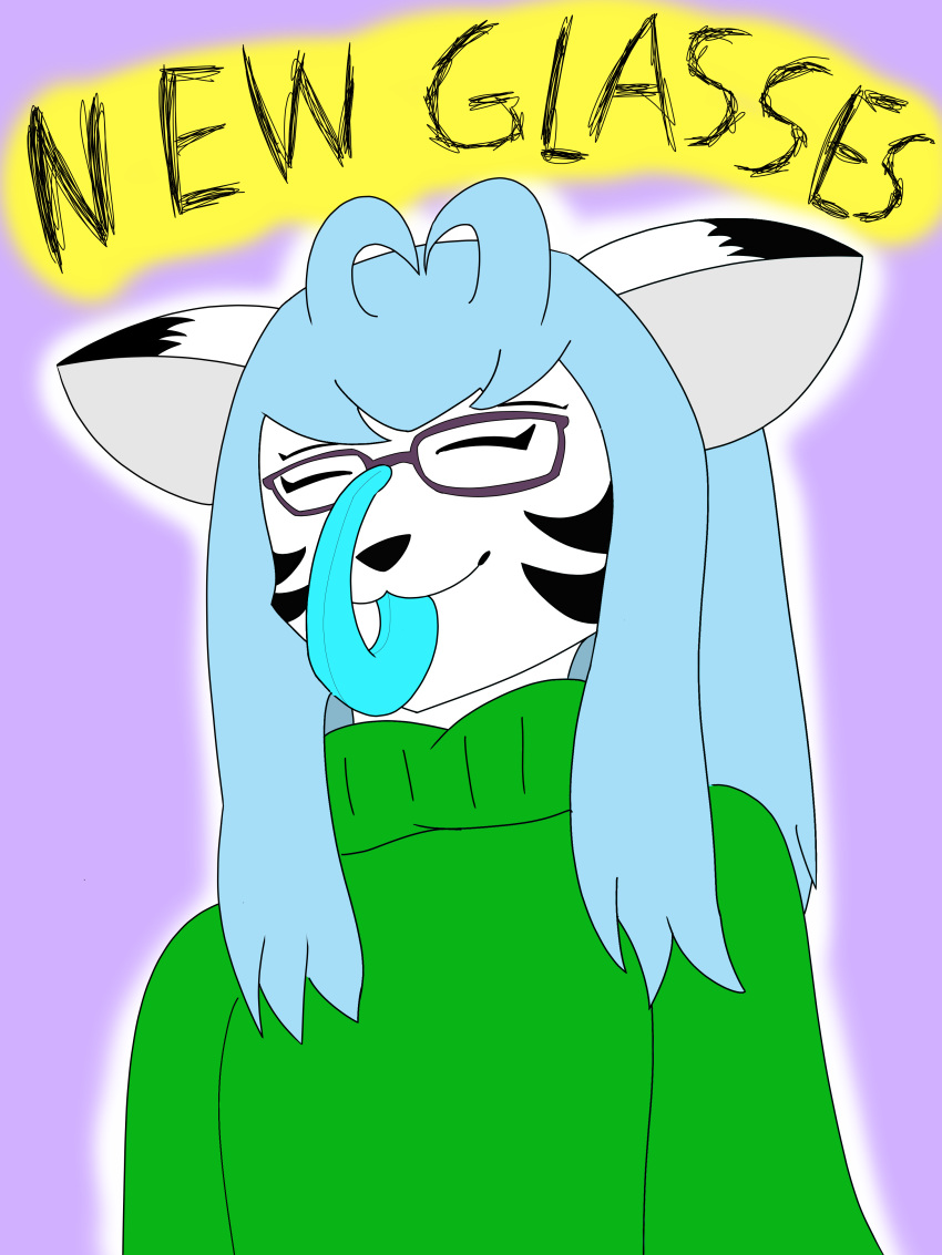 :3 aqua_hair blue_tongue cute english_text eyewear feline female flat_chested fur glasses green_turtleneck hi_res long_tongue mammal markings nicholas_c._corbin pince-nez prehensile_tongue simple_background solo text tiger tongue turtleneck white_fur white_tiger youtuber