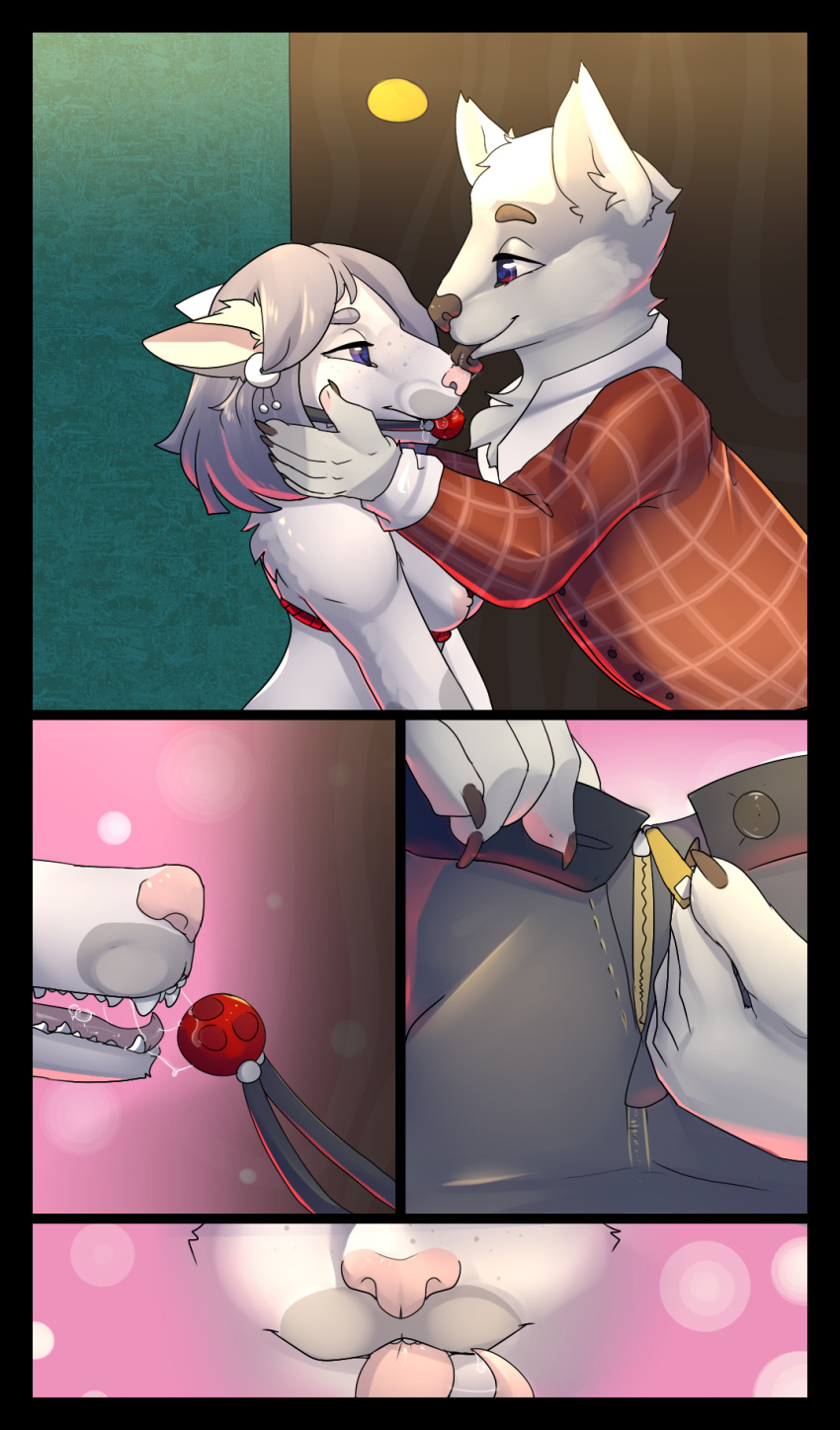2018 anthro canine comic comic_page elvche female fluffy gag hair licking male mammal nipples purple_hair saliva sex_toy short_hair tongue tongue_out wolf