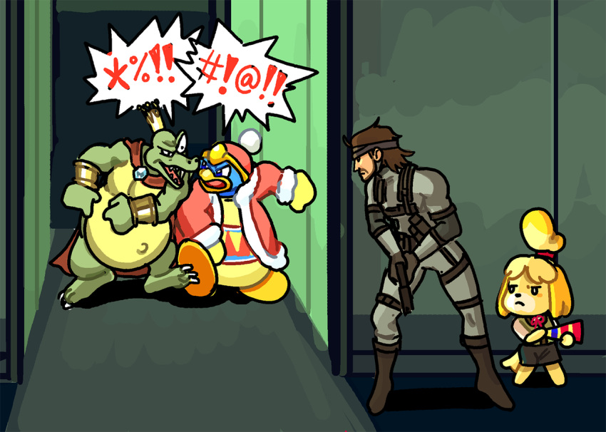 animal_crossing anthro arguing avian canine clothed clothing crocodilian dog donkey_kong_(series) female gun human isabelle_(animal_crossing) king_dedede king_k_rool kirby_(series) konami male mammal metal_gear mostly_nude nintendo ranged_weapon reptile roselph scalie shih_tzu solid_snake super_smash_bros video_games weapon