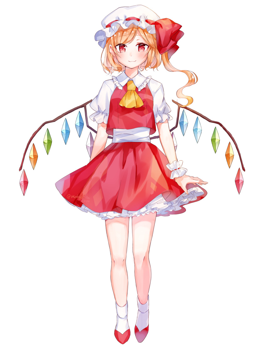 absurdres ascot bangs blonde_hair blush bow closed_mouth commentary_request crystal eyebrows_visible_through_hair fang fang_out flandre_scarlet frilled_shirt_collar frills full_body hat hat_bow highres long_hair looking_at_viewer mob_cap moko_(3886397) one_side_up petticoat pleated_skirt puffy_short_sleeves puffy_sleeves red_bow red_eyes red_footwear red_skirt red_vest shirt shoes short_sleeves simple_background skirt skirt_set smile socks solo standing touhou twitter_username vest white_background white_hat white_legwear white_shirt wings wrist_cuffs yellow_neckwear