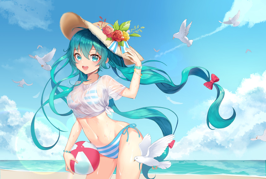 aqua_eyes aqua_hair ball beach beachball bikini bird bracelet cloud cowboy_shot day eyebrows_visible_through_hair floating_hair hair_between_eyes hat hatsune_miku highres jewelry leaning_forward long_hair looking_at_viewer navel open_mouth outdoors see-through shirt side-tie_bikini sky solo striped striped_bikini sun_hat swimsuit twintails very_long_hair vocaloid wet wet_clothes wet_shirt yuna_(deadawon)