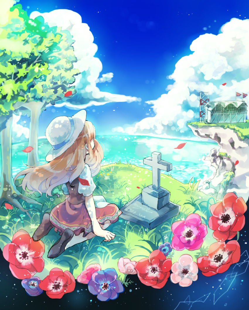 black_footwear blue_sky brown_hair cliff cloud day facing_away flower grass hat highres long_hair moro_sorano original outdoors petals puffy_short_sleeves puffy_sleeves red_skirt shoes short_sleeves sitting skirt sky tombstone tree water white_hat