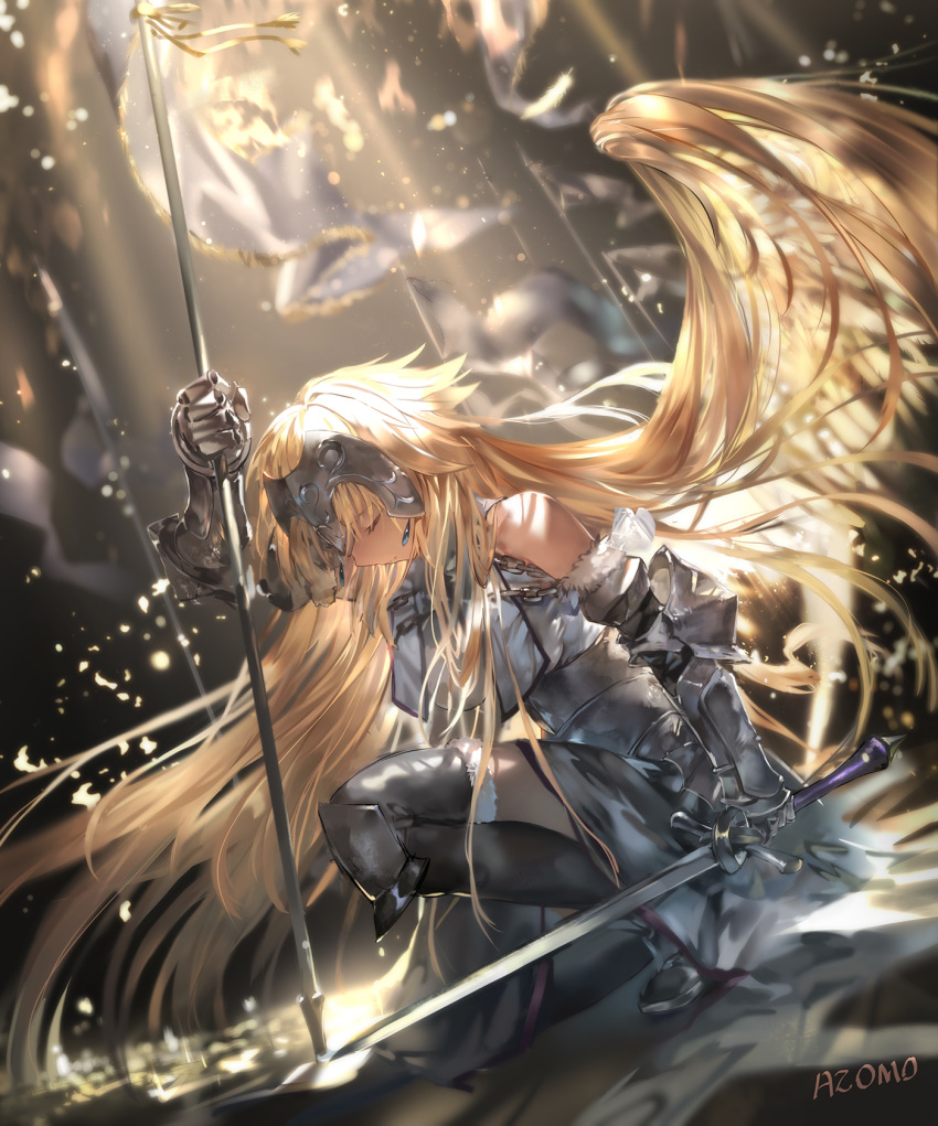 arm_up armor armored_dress azomo bangs black_legwear blonde_hair closed_eyes closed_mouth dress dutch_angle eyebrows_visible_through_hair fate/grand_order fate_(series) feathered_wings french_commentary from_side fur-trimmed_legwear fur_trim gauntlets grey_dress hair_wings headpiece highres holding jeanne_d'arc_(fate) jeanne_d'arc_(fate)_(all) long_hair md5_mismatch one_knee profile signature solo thighhighs very_long_hair wings