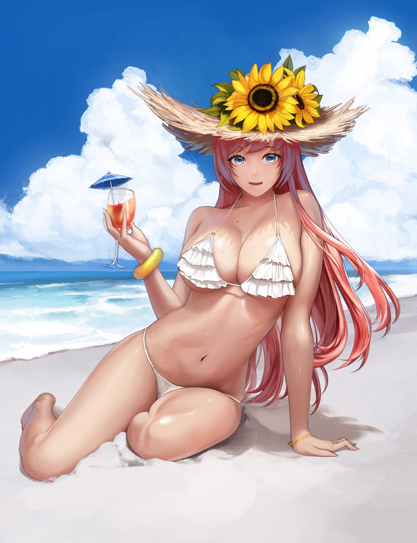 :d arm_support beach bikini blue_eyes blue_sky breasts cleavage cloud cocktail_umbrella commentary_request cup cupping_glass day drinking_glass dungeon_and_fighter flower frilled_bikini frills full_body hat highres knight_(dungeon_and_fighter) korean_commentary large_breasts long_hair looking_at_viewer monaim ocean open_mouth outdoors pink_hair sand sitting sky smile solo sun_hat sunflower swimsuit white_bikini wine_glass