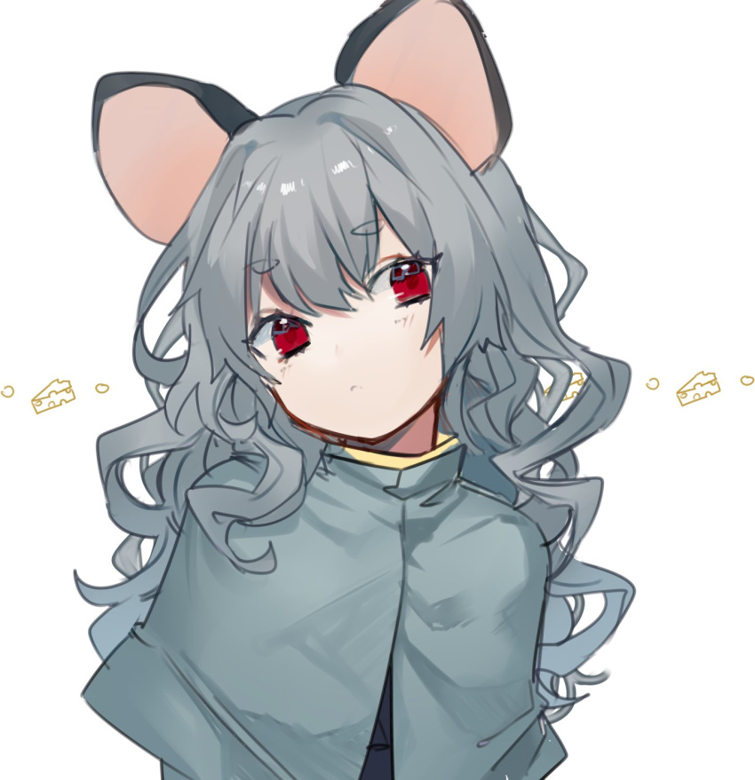 1girl alternate_hair_length alternate_hairstyle animal_ears bangs black_vest capelet cheese commentary daimaou_ruaeru eyebrows_visible_through_hair eyes_visible_through_hair food grey_capelet grey_hair hair_between_eyes head_tilt highres long_hair looking_at_viewer mouse_ears nazrin red_eyes short_eyebrows simple_background solo thick_eyebrows touhou upper_body vest wavy_hair white_background
