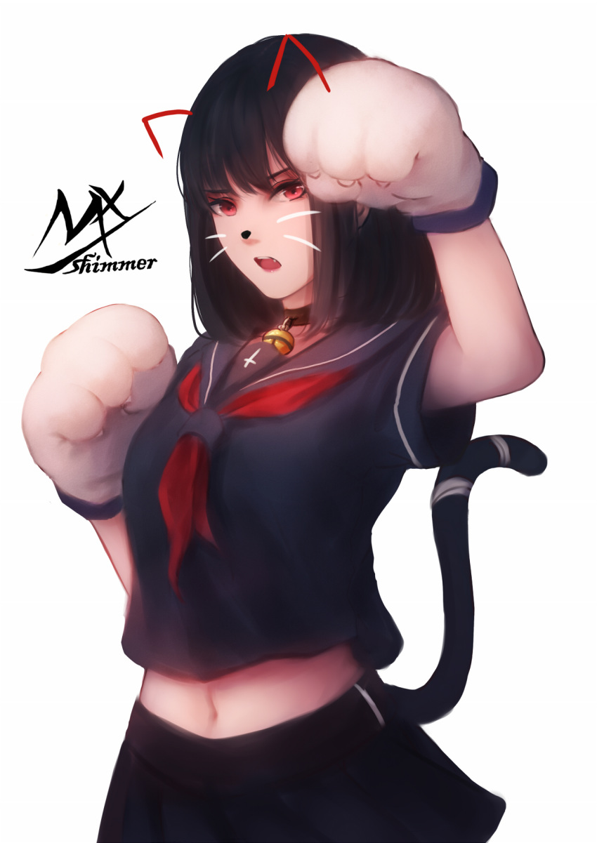 animal_ears arm_up artist_name bangs bell bell_choker black_choker black_hair black_sailor_collar black_serafuku black_shirt black_skirt breasts cat_ears cat_girl cat_tail choker drawn_ears eyebrows_visible_through_hair fang gloves hand_up highres jingle_bell looking_at_viewer medium_breasts midriff navel neckerchief open_mouth original paw_gloves paws pleated_skirt red_eyes red_neckwear sailor_collar school_uniform serafuku shimmer shirt signature simple_background skirt solo tail tail_raised whiskers white_background