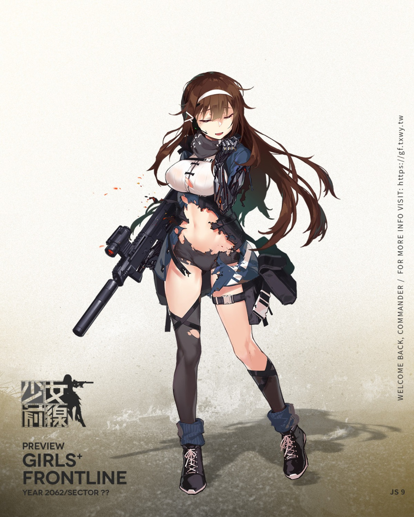 armband asymmetrical_legwear bangs belt belt_pouch black_footwear black_legwear black_shorts blue_jacket breasts brown_hair bullpup character_name closed_eyes copyright_name damaged facing_viewer fangdan_runiu floating_hair framed_breasts full_body girls_frontline grey_scarf gun hair_between_eyes hair_ribbon hairband hand_up headset highres jacket js_9_(girls_frontline) js_9_mm kneehighs lace-up_shoes large_breasts logo long_hair mechanical_arm mole mole_under_eye multiple_straps navel no_bra official_art open_mouth pouch prosthesis prosthetic_arm ribbon scarf scope shirt shoes short_shorts shorts sidelocks single_kneehigh single_thighhigh snap-fit_buckle sneakers solo stomach strap submachine_gun suppressor thigh_pouch thigh_strap thighhighs thighs tied_hair torn_clothes torn_jacket torn_legwear torn_shorts trigger_discipline underbust very_long_hair watermark weapon web_address white_hairband white_ribbon