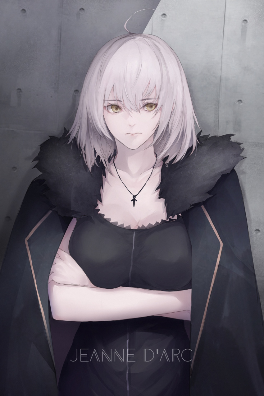 ahoge bangs black_dress black_jacket breasts brown_eyes character_name collarbone commentary_request dress eyebrows_visible_through_hair fate/grand_order fate_(series) fur-trimmed_jacket fur_trim hair_between_eyes highres jacket jeanne_d'arc_(alter)_(fate) jeanne_d'arc_(fate)_(all) jewelry looking_at_viewer marumoru medium_breasts open_clothes open_jacket pendant silver_hair sleeveless sleeveless_dress solo wicked_dragon_witch_ver._shinjuku_1999
