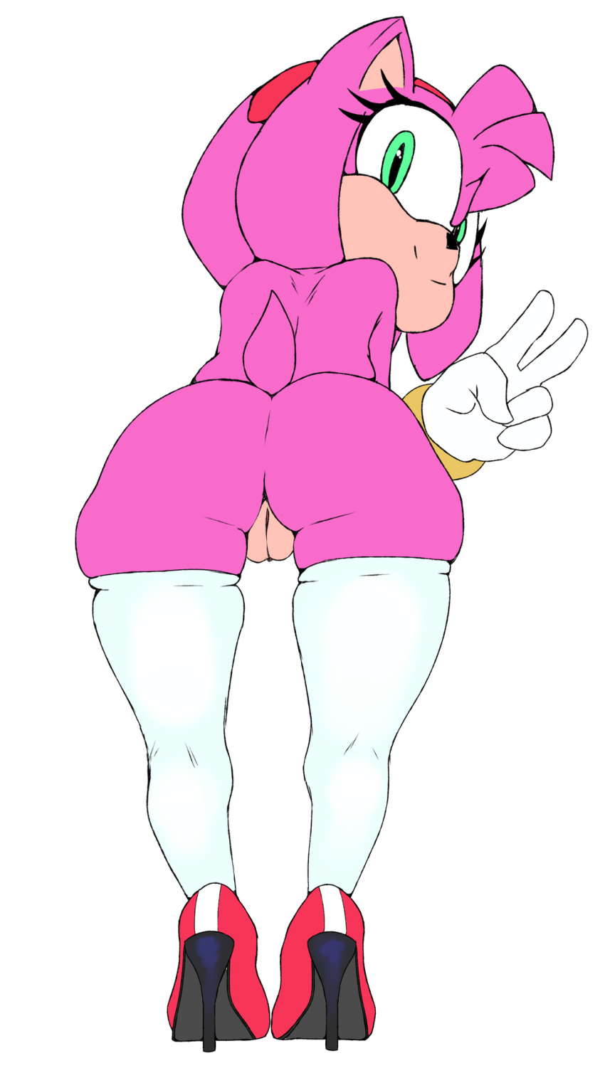 amy_rose anthro anus bent_over bracelet butt clitoris clothing eyelashes female footwear gloves green_eyes hairband hedgehog high_heels jewelry legwear looking_at_viewer looking_back mammal mostly_nude punkinillus pussy rear_view shoes simple_background smile solo sonic_(series) thick_thighs thigh_highs v_sign white_background