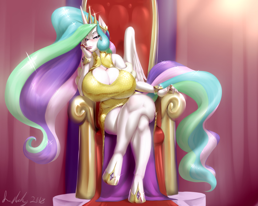 2018 anthro bedroom_eyes big_breasts blush breasts chair cleavage clothed clothing crossed_legs equine female friendship_is_magic half-closed_eyes hi_res horn huge_breasts mammal marauder6272 my_little_pony princess_celestia_(mlp) regalia seductive solo throne winged_unicorn wings