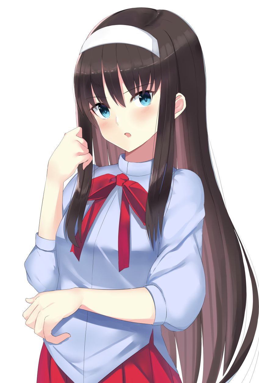 absurdres bangs blue_eyes blue_shirt bow breasts brown_hair commentary_request eyebrows_visible_through_hair hair_between_eyes hairband hand_up head_tilt highres i.f.s.f long_hair looking_at_viewer parted_lips pleated_skirt puffy_short_sleeves puffy_sleeves red_bow red_skirt shirt short_sleeves simple_background skirt small_breasts solo toono_akiha tsukihime very_long_hair white_background white_hairband