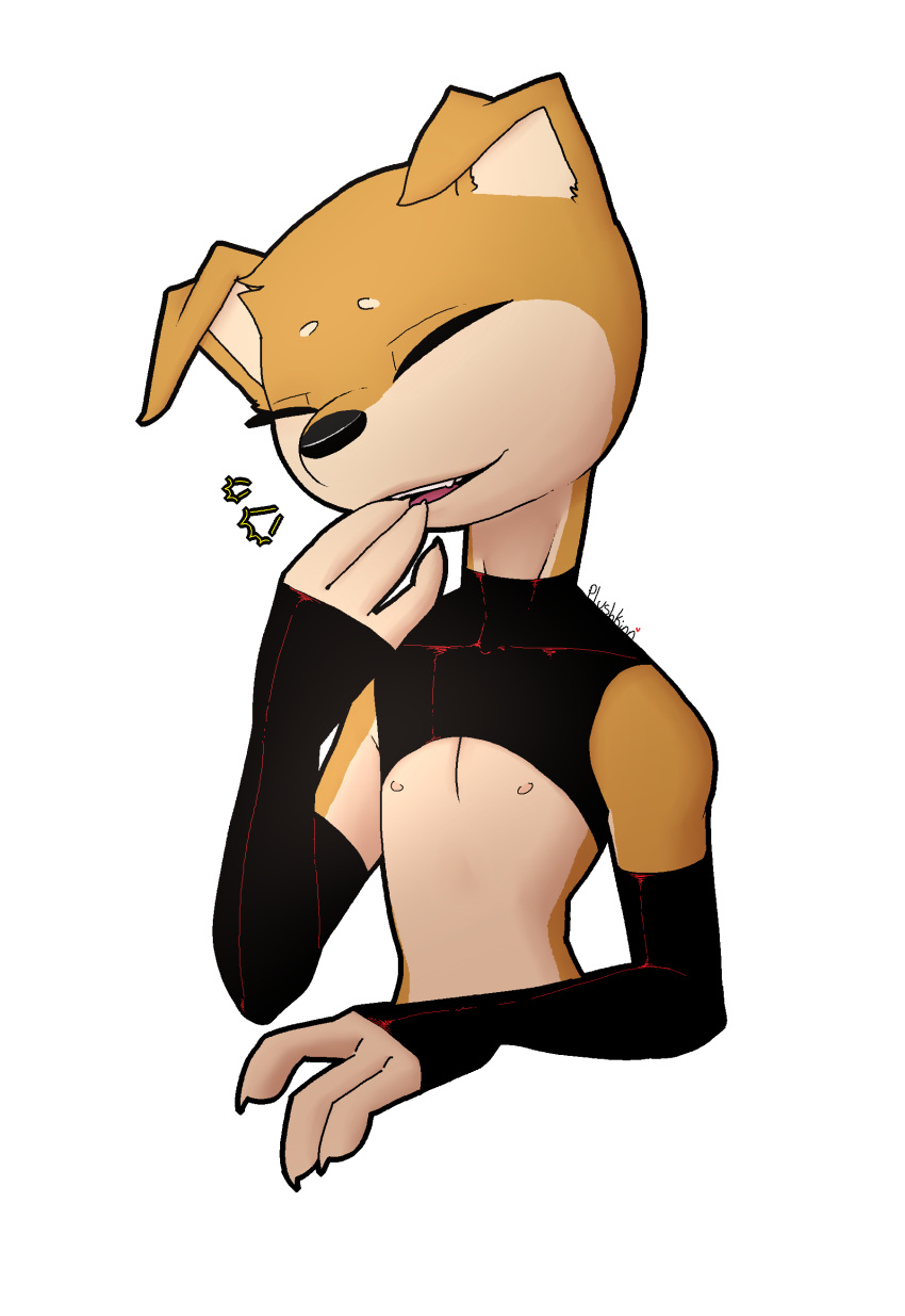 2018 anthro canine claws clothed clothing colton(plushkinn) digital_drawing_(artwork) digital_media_(artwork) dog eyelashes eyes_closed fur gloves hi_res laugh male mammal nipples open_mouth plushkinn rubber shiba_inu simple_background smile solo teeth tongue tuft white_background young