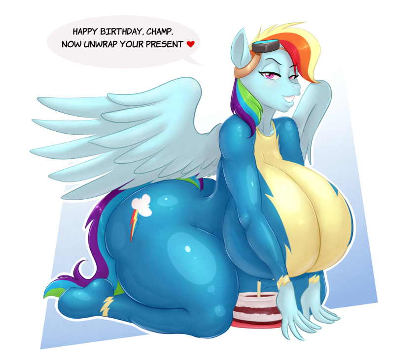 &lt;3 bedroom_eyes big_breasts big_butt breasts butt cake clothing dialogue english_text equine eyewear female food friendship_is_magic goggles half-closed_eyes huge_breasts hyper hyperstorm_h kneeling looking_at_viewer mammal marauder6272 my_little_pony pegasus purple_eyes rainbow_dash_(mlp) seductive skinsuit solo text tight_clothing wide_hips wings