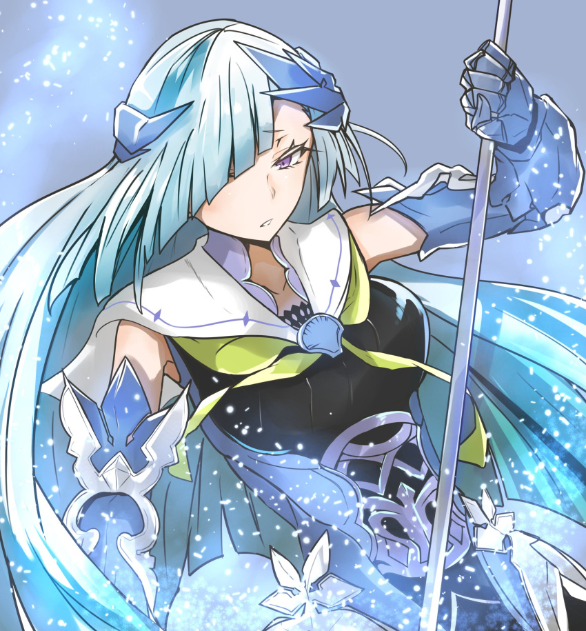 absurdres blue_fire brynhildr_(fate) fate/prototype fate/prototype:_fragments_of_blue_and_silver fate_(series) fire gauntlets gin_moku hair_over_one_eye highres holding holding_weapon long_hair polearm purple_eyes silver_hair spear very_long_hair weapon