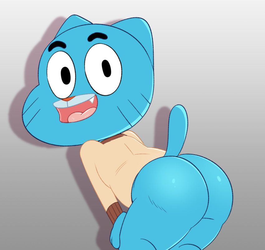 anthro bent_over big_butt bottomless butt cartoon_network cat clothed clothing feline gumball_watterson hi_res jerseydevil looking_at_viewer male mammal open_mouth simple_background solo the_amazing_world_of_gumball tongue young