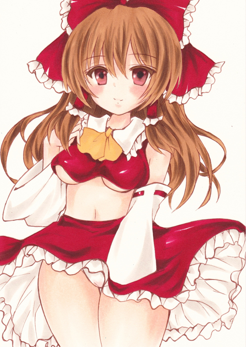 1girl blush bow breasts brown_hair cameltoe eyebrows_visible_through_hair hair_tubes hakurei_reimu highres long_hair looking_at_viewer medium_breasts navel no_bra panties red_eyes simple_background skirt smile solo standing touhou traditional_media underboob underwear waitan1729 white_background white_panties