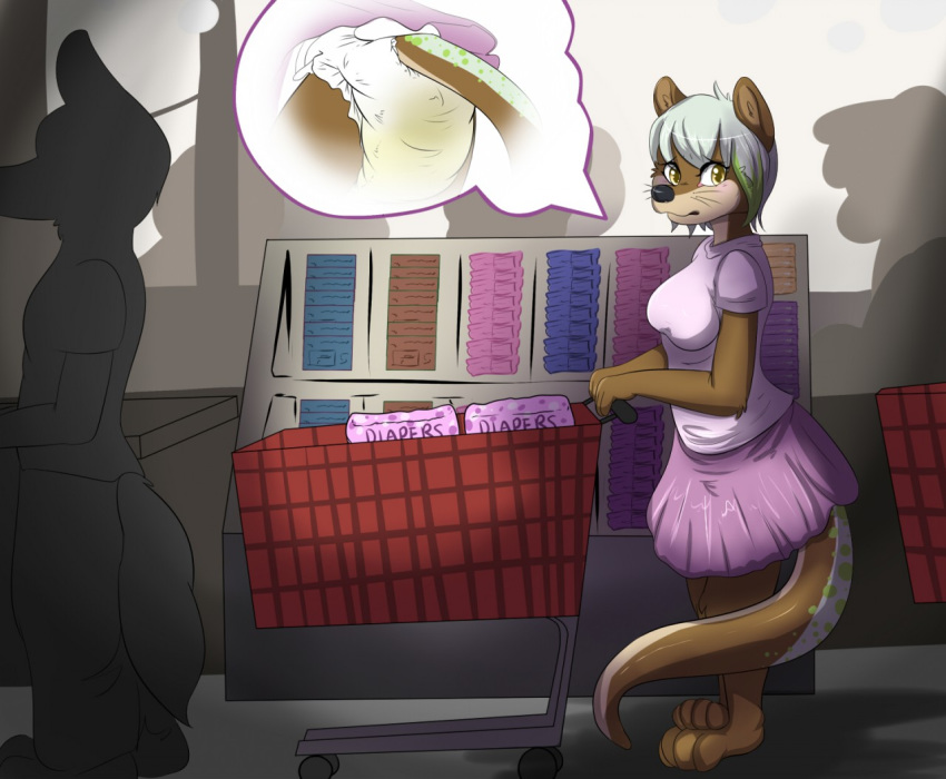 breasts clothed clothing diaper embarrassed feces female fully_clothed grocery_store looking_at_viewer mammal messy_diaper mustelid netto_(uk-brony) operationfluff otter public scat shirt shopping_cart skirt solo_focus urine watersports wet_diaper wetting whiskers