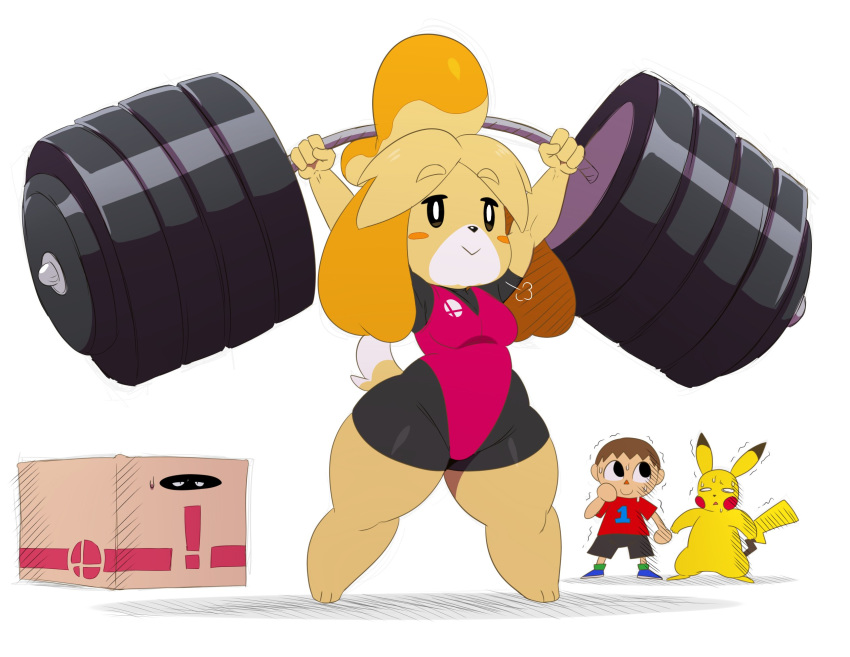 animal_crossing anthro black_eyes blonde_hair blush blush_stickers box breasts brown_eyes brown_hair canine clothing dog dot_eyes exercise eyebrows_visible_through_hair female fur hair hi_res human isabelle_(animal_crossing) konami leotard male mammal metal_gear nintendo pikachu pok&eacute;mon pok&eacute;mon_(species) scared shaking shirt short_stack shorts simple_background smile solid_snake sssonic2 super_smash_bros super_smash_bros._ultimate super_strength thick_thighs trembling video_games villager_(animal_crossing) weightlifting weights white_background wide_hips workout yellow_fur