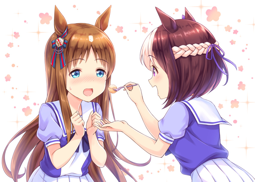 :d animal_ears blue_eyes blush bow braid brown_hair clenched_hands ear_ribbon eyebrows_visible_through_hair feeding food fork grass_wonder highres holding holding_fork horse_ears leaning_forward long_hair looking_at_another multicolored_hair multiple_girls nose_blush open_mouth profile purple_eyes ribbon school_uniform serafuku short_sleeves skirt smile sparkle special_week striped striped_ribbon sweatdrop tomo_(user_hes4085) two-tone_hair umamusume very_long_hair white_background white_hair white_skirt yuri