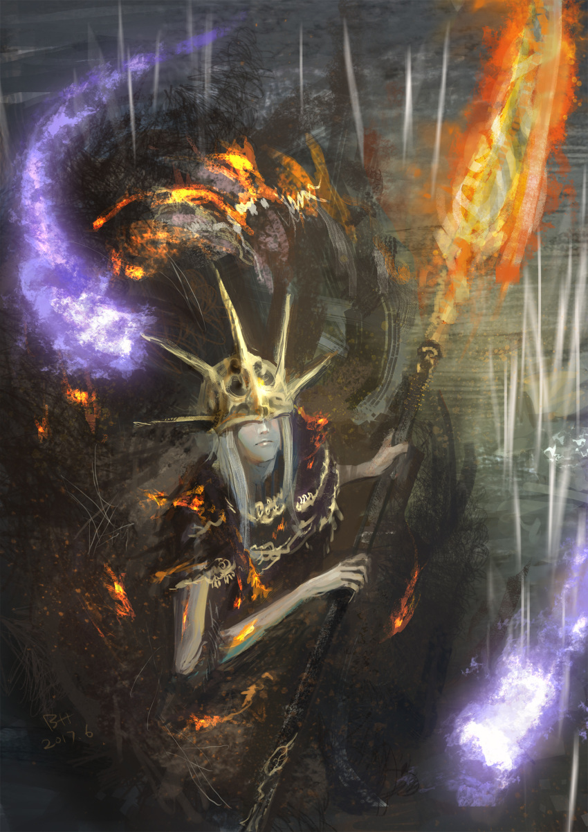 aldrich_devourer_of_gods bhpapaya commentary dark dark_souls_iii fire glowing halberd helmet highres holding jewelry long_hair looking_up magic mask monster pale_skin polearm robe souls_(from_software) straight_hair weapon white_hair