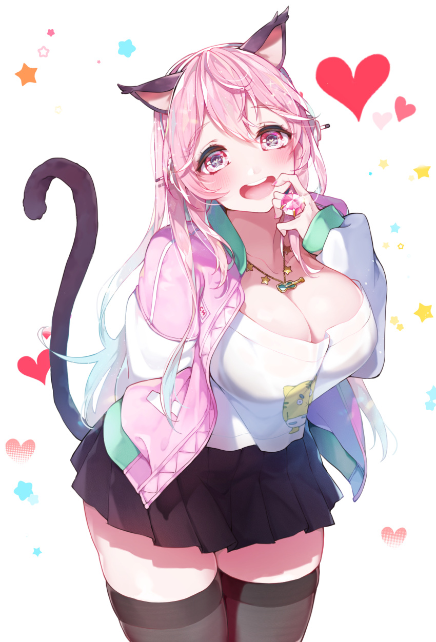 animal_ears aqua_hair black_skirt blush breasts cat_ears cleavage eyebrows_visible_through_hair headphones heart highres jacket kanola_u large_breasts letterman_jacket long_hair looking_at_viewer miniskirt multicolored_hair nitroplus open_mouth pink_eyes pink_hair pink_jacket pleated_skirt shirt skindentation skirt smile solo super_sonico symbol-shaped_pupils t-shirt thighhighs thighs two-tone_hair virtual_youtuber white_jacket