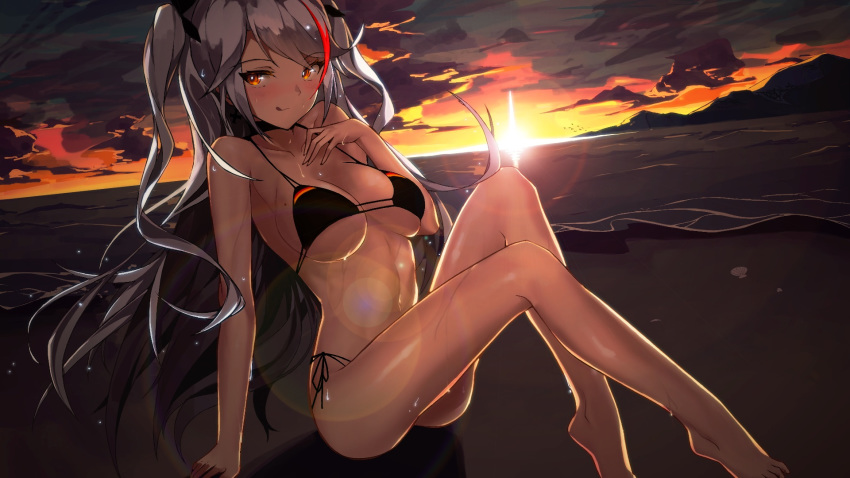 :q antenna_hair arm_support ass azur_lane bangs bare_legs beach bikini black_bikini black_ribbon blush breasts brown_eyes cloud cloudy_sky collarbone commentary eyebrows_visible_through_hair flag_print german_flag_bikini hair_between_eyes hair_ribbon hand_up highres knees_up large_breasts long_hair looking_at_viewer mole mole_on_breast multicolored_hair navel ocean prinz_eugen_(azur_lane) red_hair ribbon sand septoleaf side-tie_bikini silver_hair sitting sky smile solo stomach streaked_hair sunset swimsuit thighs tongue tongue_out two_side_up very_long_hair wet