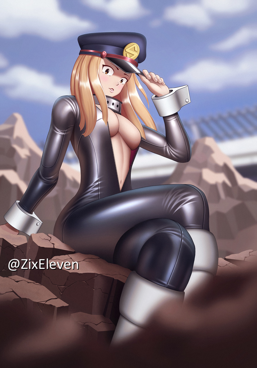artist_name black_bodysuit blonde_hair blue_sky blush bodysuit boku_no_hero_academia breasts center_opening cleavage cloud collar crossed_legs day debris hand_on_headwear hat highres large_breasts long_hair looking_at_viewer navel no_bra parted_lips peaked_cap rubble sitting skin_tight sky solo unzipped utsushimi_kemii zixeleven