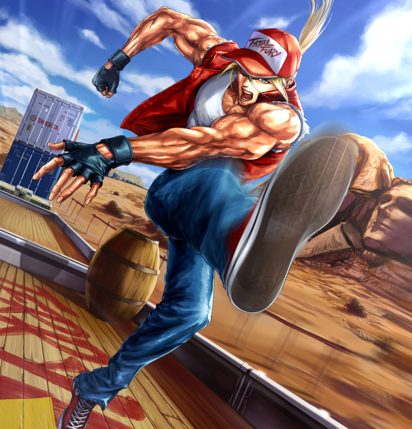 barrel baseball_cap blonde_hair blue_eyes blue_sky cloud commentary_request container day denim desert dutch_angle fatal_fury fingerless_gloves gloves ground_vehicle hat highres jacket jeans kicking l.g_(greenforce1) long_hair looking_at_viewer male_focus mount_rushmore mountainous_horizon muscle open_mouth outdoors pants ponytail shoes sky sneakers snk solo special_moves tank_top terry_bogard the_king_of_fighters train vest white_tank_top wooden_floor