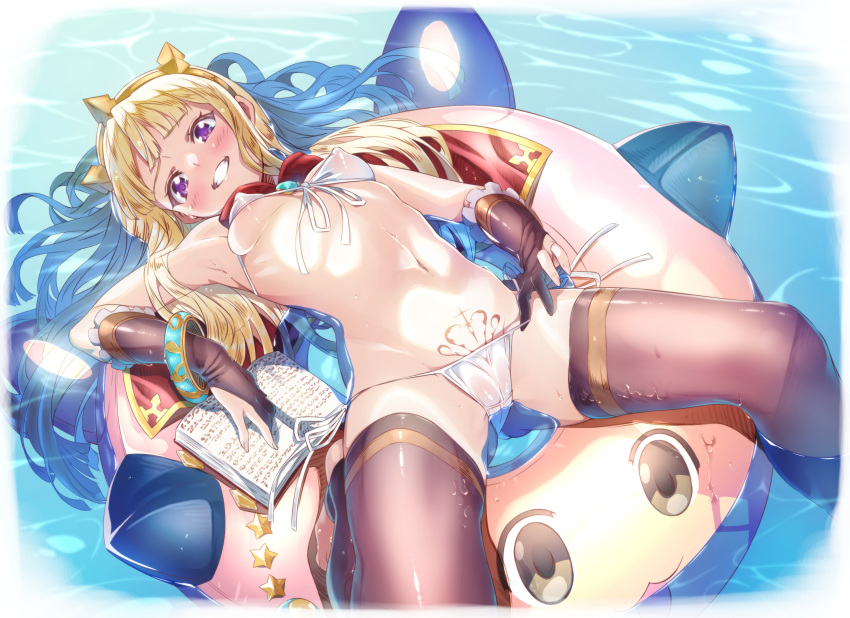 areola_slip areolae armpits bangs bikini blonde_hair blunt_bangs blush book breasts cagliostro_(granblue_fantasy) cameltoe cameo cape commentary_request covered_nipples crown day fading fantasy feet_out_of_frame front-tie_bikini front-tie_top furrowed_eyebrows gold_trim granblue_fantasy grin hair_spread_out half-closed_eyes highres innertube long_hair looking_at_viewer lying niko_(tama) on_back open_book outdoors pubic_tattoo puffy_nipples purple_eyes rounded_corners side-tie_bikini single_horizontal_stripe small_breasts smile solo spread_legs swimsuit tattoo teeth underboob vee_(granblue_fantasy) very_long_hair water wet white_bikini wince