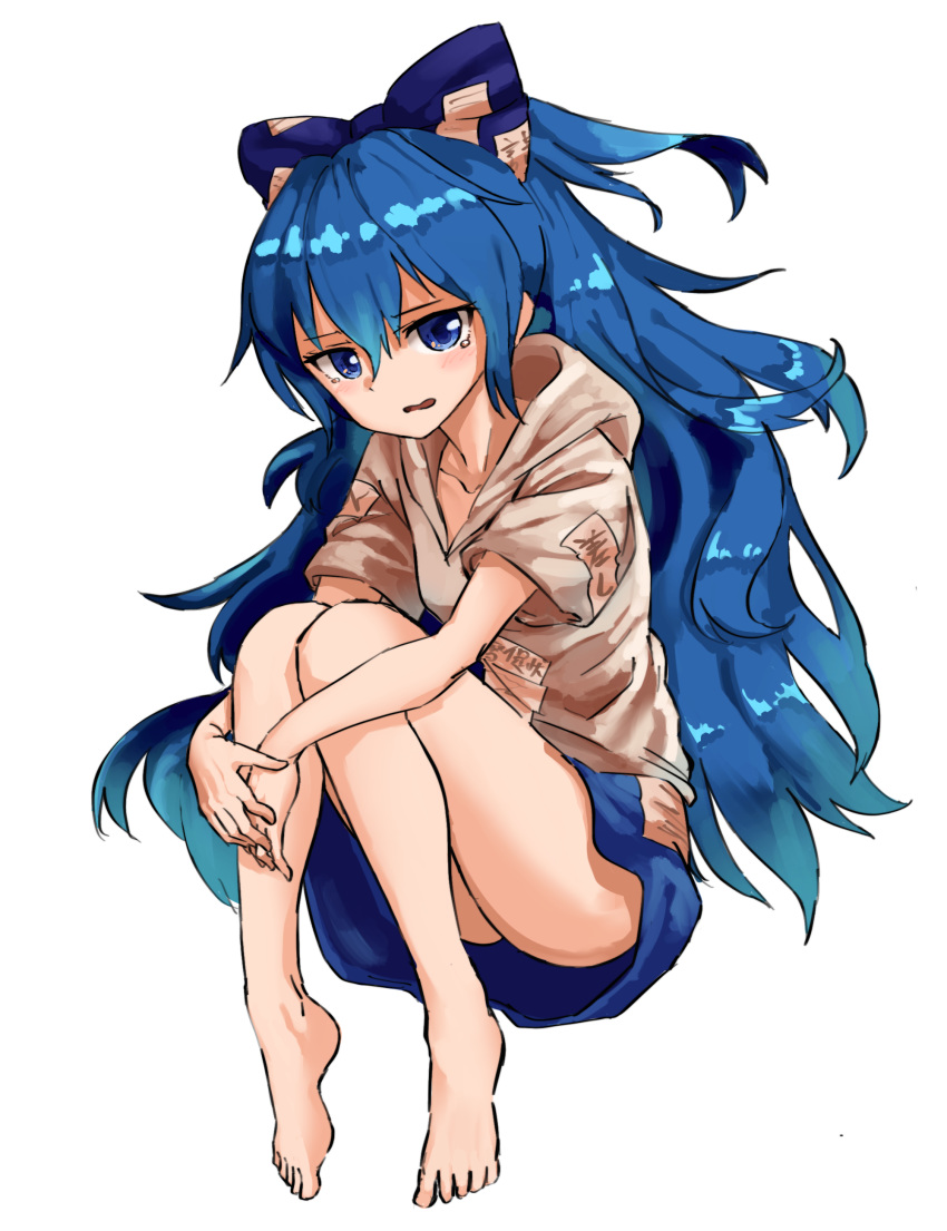 absurdres bangs bare_legs barefoot blue_bow blue_eyes blue_hair blue_skirt bow collarbone full_body hair_between_eyes hair_bow highres hood hood_down knees_together_feet_apart long_hair looking_at_viewer nob1109 open_mouth short_sleeves simple_background skirt solo tears touhou very_long_hair white_background yorigami_shion