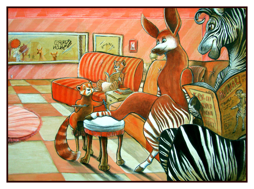 2011 ambiguous_gender antelope anthro big_ears biped black_fur black_hooves black_mane black_nose black_stripes blue_eyes bodypaint bongo_(antelope) book border brown_countershading brown_eyes brown_fur brown_hooves brown_tail building cat chair checkered_floor colored_pencil_(artwork) countershade_torso countershading cute door doorway equine eye_markings eyes_closed eyewear featureless_crotch feline feral frown fur giraffid glasses gouache_(artwork) group hi_res holding_book holding_object hooves inner_ear_fluff inside lighting long_tail looking_at_another looking_down magazine mammal mane marker_(artwork) markings mixed_media monstercoach multicolored_fur nude okapi on_chair on_couch open_mouth open_smile orange_fur orange_markings orange_tail outside paint paintbrush painting palette pen_(artwork) perspective photo pince-nez quadruped raised_leg reading red_panda ringtail rug salon semi-anthro shadow sitting size_difference slice_of_life smile snout spiral-horned_antelope stool striped_fur stripes text traditional_media_(artwork) tree two_tone_fur two_tone_mane two_tone_tail whiskers white_border white_countershading white_fur white_mane white_stripes window working zebra