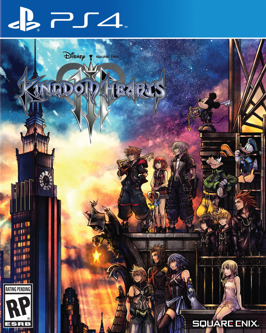 6+boys absurdres against_wall animal_ears aqua_(kingdom_hearts) axel_(kingdom_hearts) black_coat black_coat_(kingdom_hearts) black_hair blonde_hair blue_eyes box_art building city clock clock_tower coat company_name copyright_name detached_sleeves disney donald_duck dress everyone gargoyle goofy hat heartless highres hood hoodie kairi_(kingdom_hearts) keyblade kingdom_hearts kingdom_hearts_iii ladder logo looking_to_the_side mickey_mouse mouse_ears mouse_tail multiple_boys multiple_girls namine nomura_tetsuya official_art over_shoulder rating red_hair riku roxas serious short_dress sitting skyscraper smile sora_(kingdom_hearts) spiked_hair square_enix standing strap tail terra_(kingdom_hearts) tower twilight ventus weapon weapon_over_shoulder xion_(kingdom_hearts)