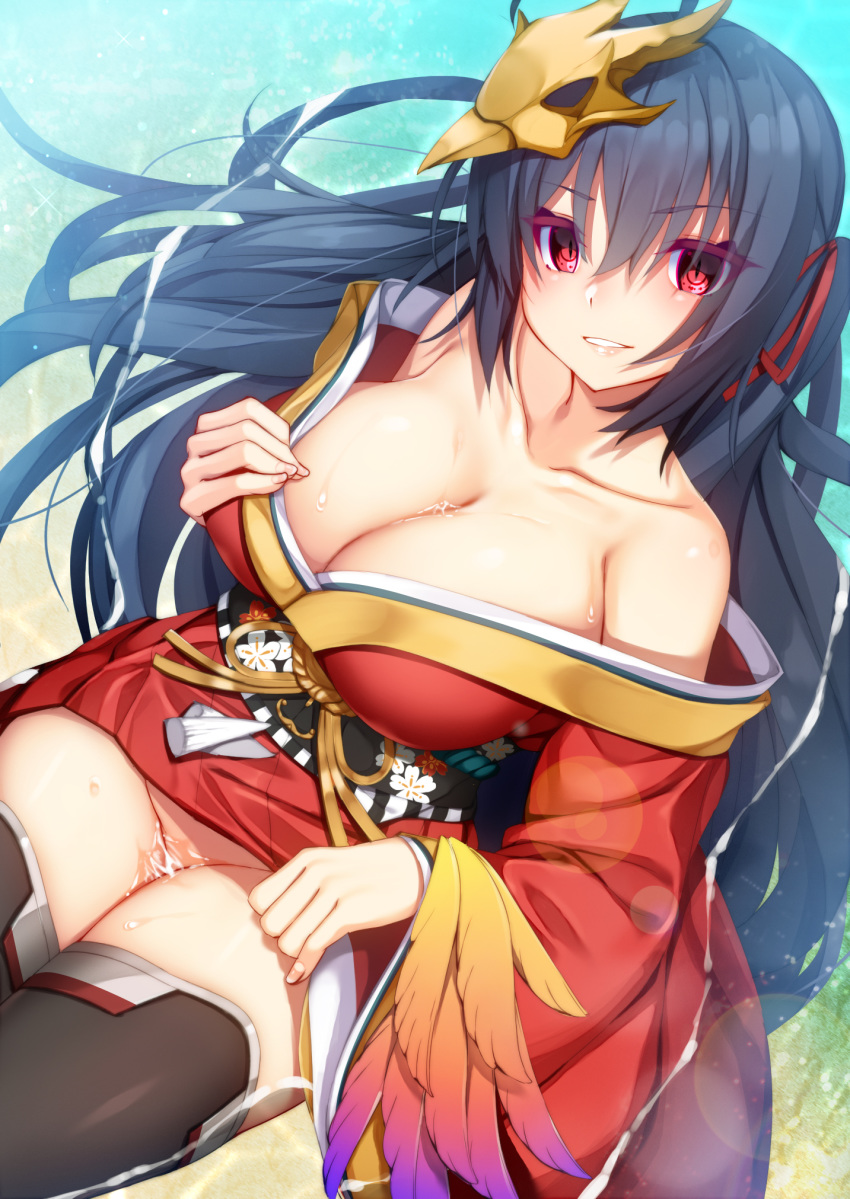 ahoge azur_lane bangs bare_shoulders black_hair black_legwear blush breasts chikuwabuta choker cleavage cocktail_dress collarbone commentary_request dress eyebrows_visible_through_hair hair_between_eyes hair_ornament hair_ribbon highres japanese_clothes large_breasts long_hair looking_at_viewer no_panties parted_lips red_choker red_dress red_eyes red_ribbon ribbon sitting slit_pupils smile solo taihou_(azur_lane) thighhighs water wide_sleeves