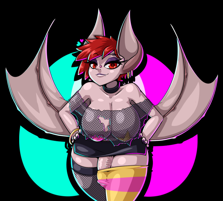 anthro bat big_breasts breasts cleavage clothed clothing dickgirl erection intersex legwear limebreaker looking_at_viewer mammal nahkii_(neayix) pasties penis red_eyes solo thick_thighs thigh_highs vein veiny_penis wings