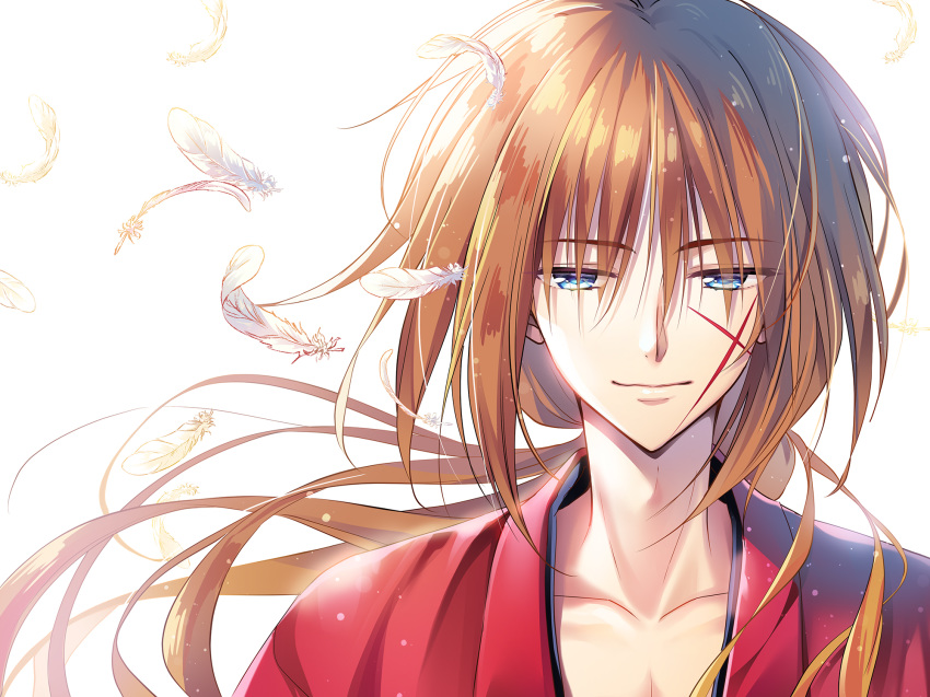 blue_eyes brown_hair collarbone eyebrows_visible_through_hair facial_scar floating_hair hair_between_eyes highres himura_kenshin japanese_clothes kimono long_hair looking_at_viewer male_focus ponytail portrait red_kimono rurouni_kenshin scar scar_on_cheek simple_background solo white_background white_feathers youta