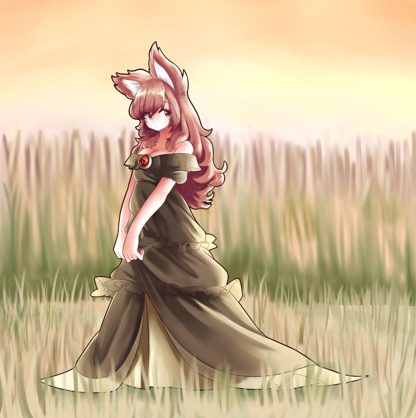 absurdres alternate_color animal_ears breasts brooch brown_hair cleavage dress hh highres imaizumi_kagerou jewelry long_hair looking_at_viewer md5_mismatch medium_breasts nature outdoors red_eyes solo touhou wolf_ears