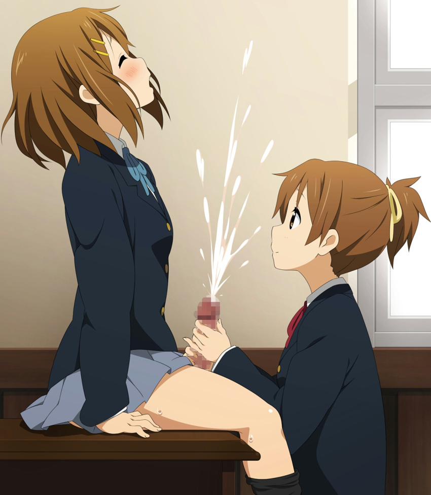 2girls artist_request brown_hair censored cum ejaculation eyes_closed futa_with_female futanari handjob hirasawa_ui hirasawa_yui incest k-on! multiple_girls ponytail short_hair