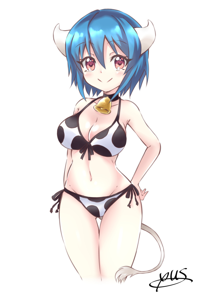 absurdres animal_print bell bell_choker bikini black_choker black_ribbon blue_hair blush breasts choker commentary_request cow_bell cow_girl cow_horns cow_print cow_tail front-tie_bikini front-tie_top groin highres horns jashin-chan_dropkick large_breasts looking_at_viewer minos_(jashin-chan_dropkick) navel print_bikini red_eyes ribbon side-tie_bikini simple_background smile solo swimsuit tail white_background yyuki317