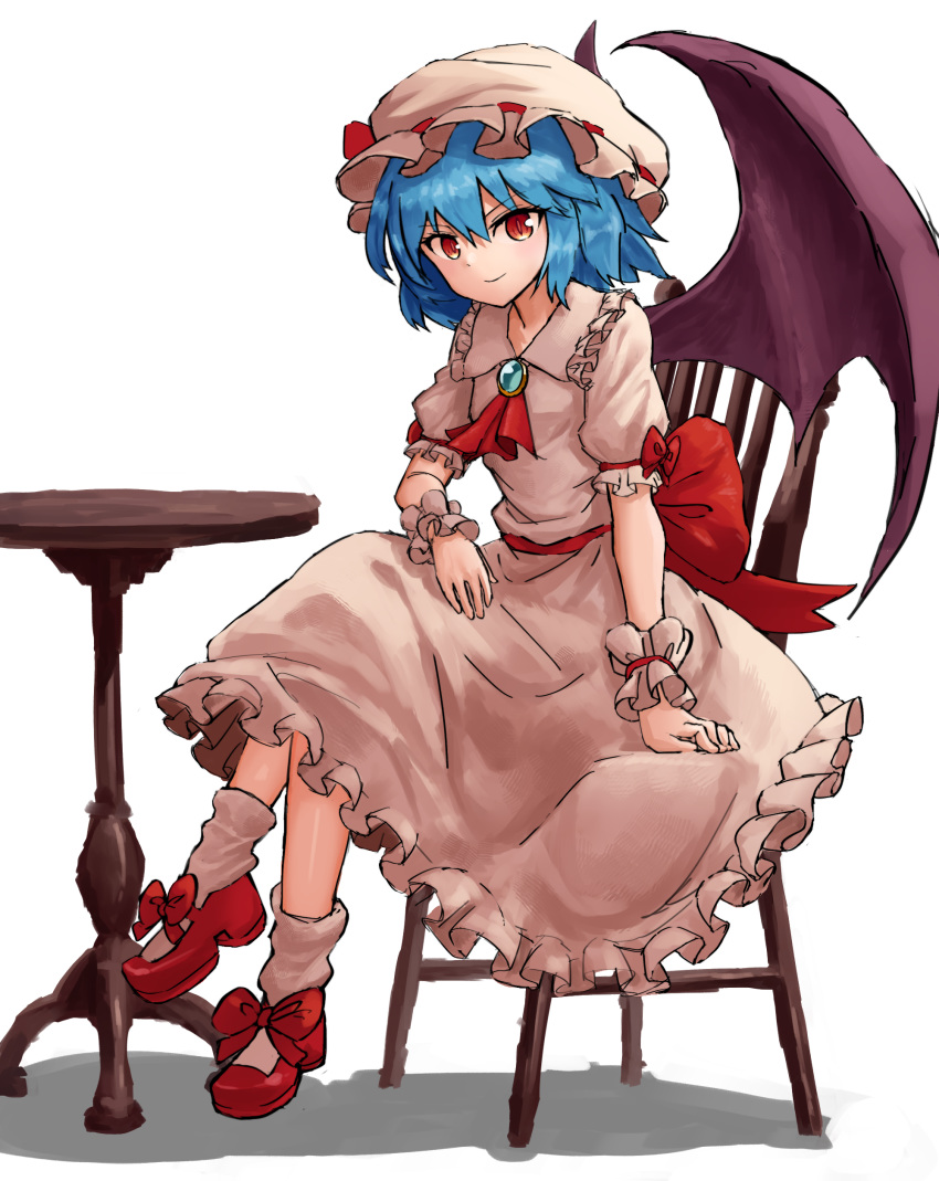 absurdres ascot bangs blue_hair bow brooch chair closed_mouth demon_wings dress eyebrows_visible_through_hair hair_between_eyes hat highres jewelry looking_at_viewer mary_janes mob_cap nob1109 orange_eyes puffy_short_sleeves puffy_sleeves purple_wings red_bow red_footwear red_neckwear remilia_scarlet shadow shoes short_hair short_sleeves simple_background sitting slit_pupils smile socks solo touhou white_background white_dress white_hat white_legwear wings wrist_cuffs