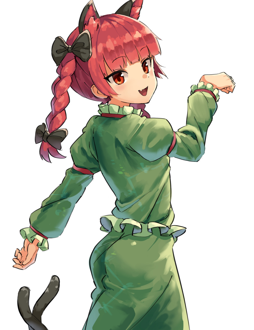 :d absurdres animal_ears ass bangs black_bow blunt_bangs bow braid cat_ears cat_girl cat_tail dress extra_ears eyebrows_visible_through_hair fang green_dress hair_bow highres juliet_sleeves kaenbyou_rin long_hair long_sleeves multiple_tails nob1109 open_mouth orange_eyes paw_pose puffy_sleeves red_hair simple_background smile solo tail touhou twin_braids two_tails white_background